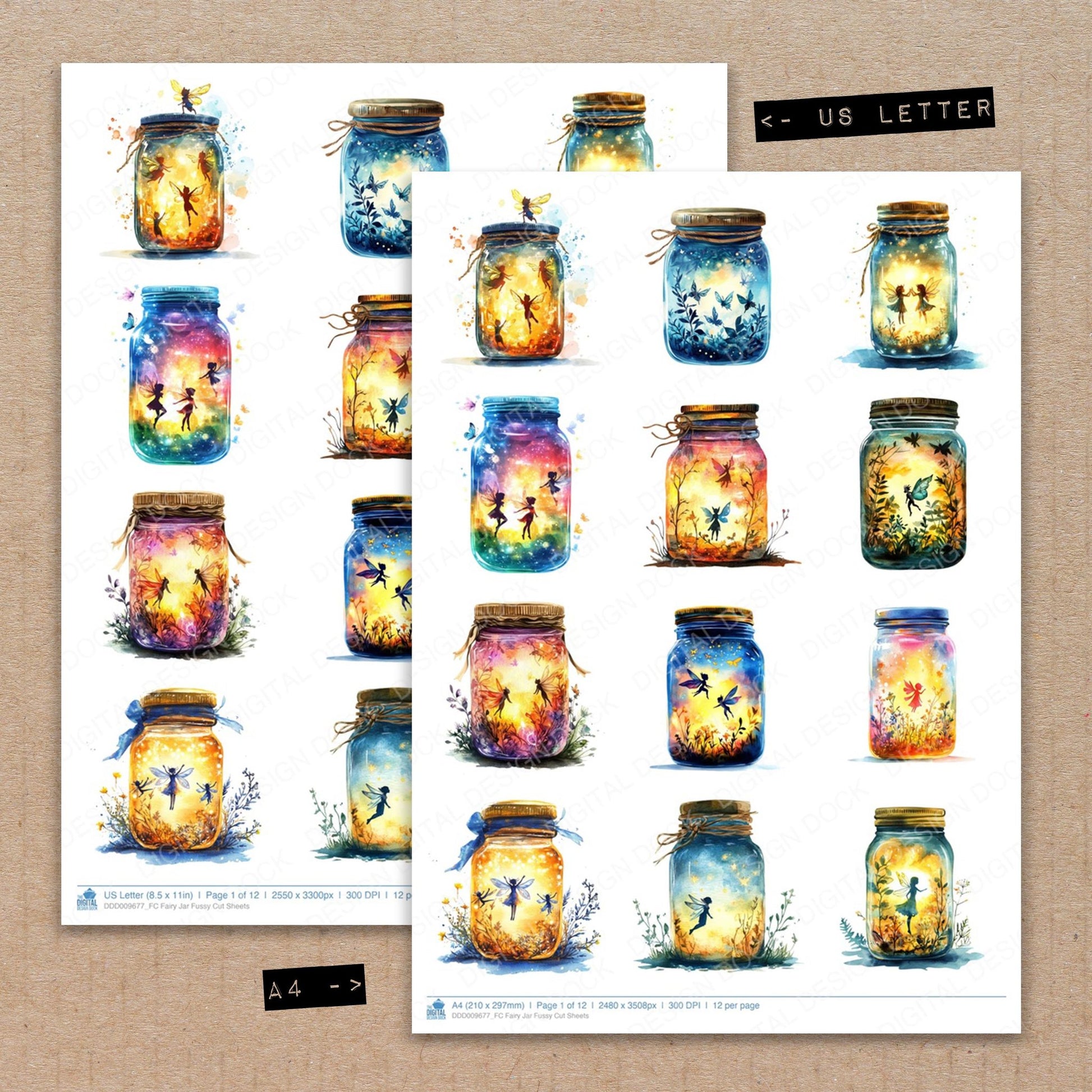A4 and US Letter format comparison showing Fairy Jar fussy cut pages for print and cut crafting