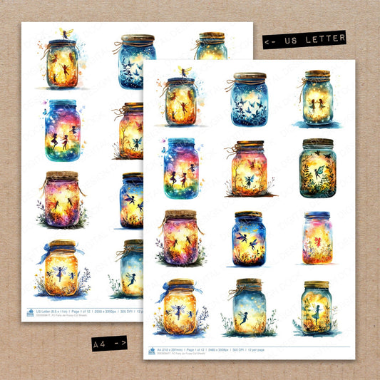 A4 and US Letter format comparison showing Fairy Jar fussy cut pages for print and cut crafting