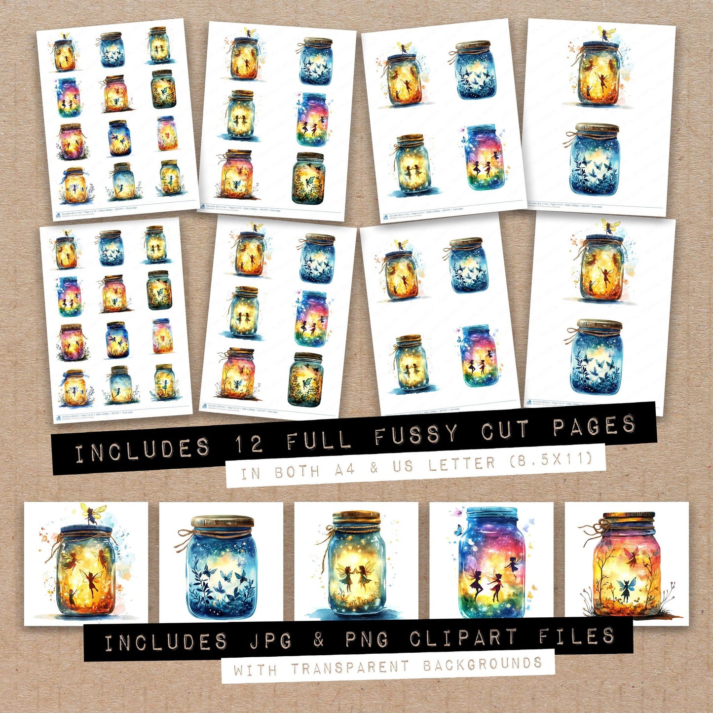 Full collection view of Fairy Jar fussy cut sheets with bonus clipart JPG and PNG files