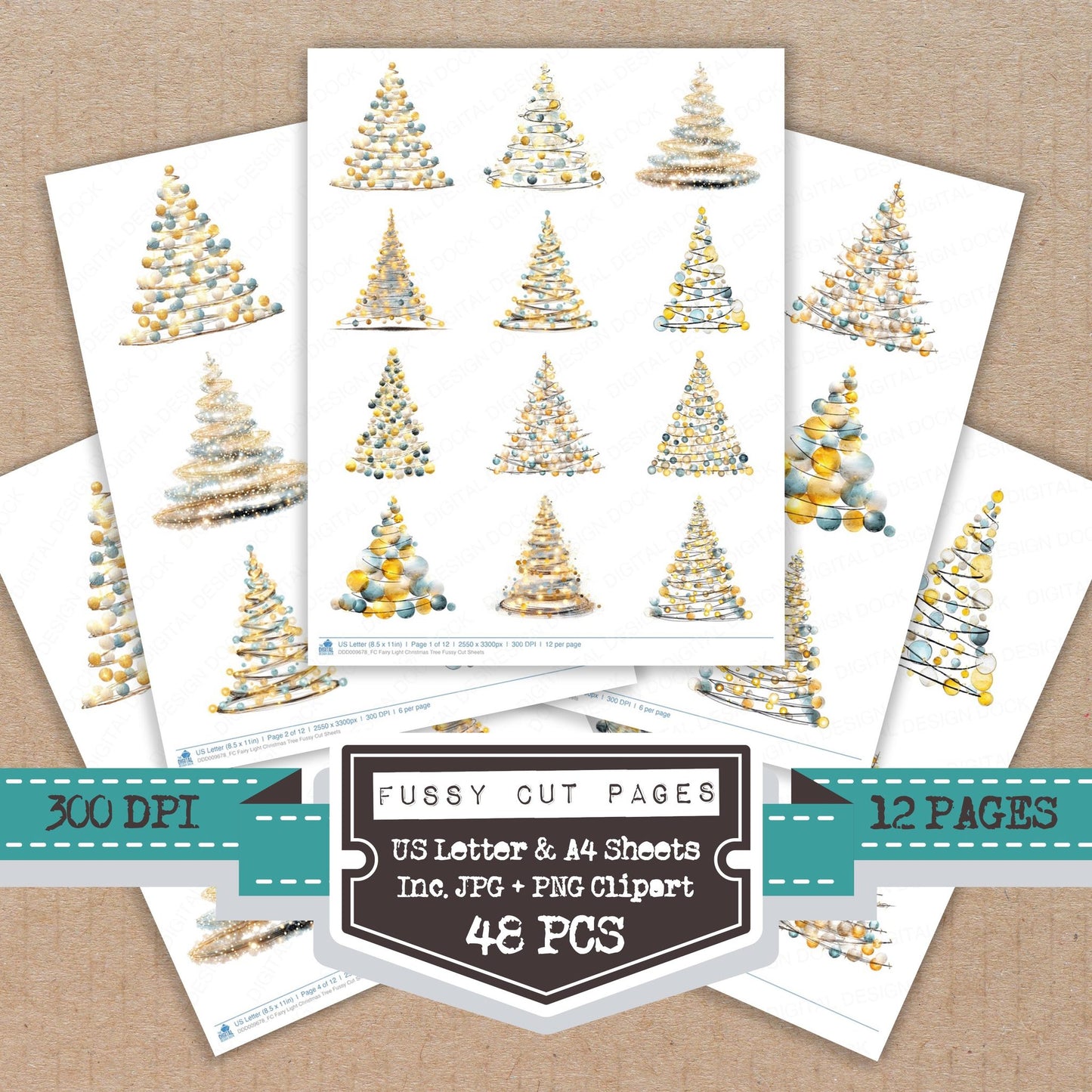 Fairy Light Christmas Tree fussy cut printable sheets for junk journaling, scrapbooking, and paper craft projects