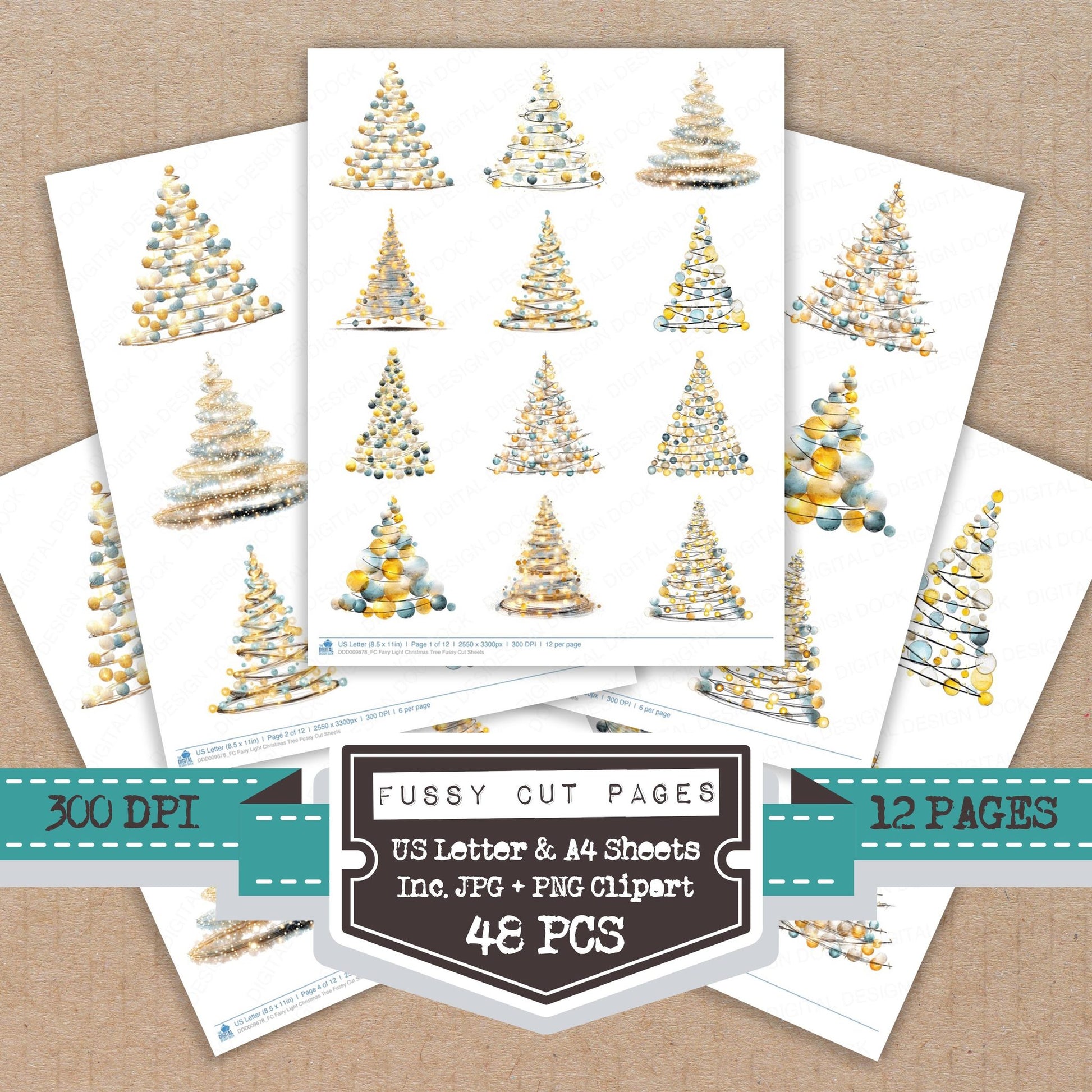Fairy Light Christmas Tree fussy cut printable sheets for junk journaling, scrapbooking, and paper craft projects