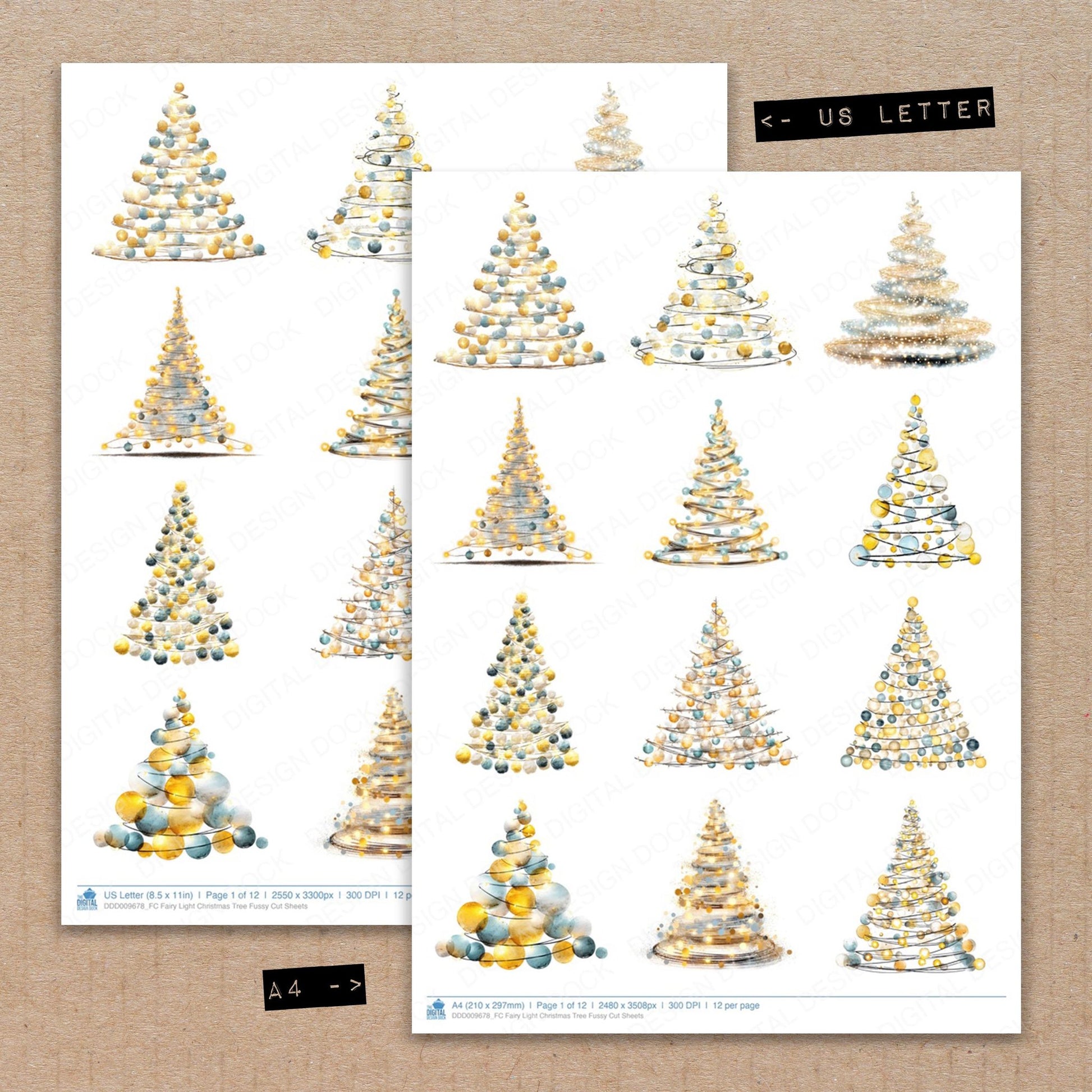 A4 and US Letter format comparison showing Fairy Light Christmas Tree fussy cut pages for print and cut crafting