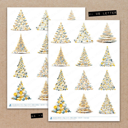A4 and US Letter format comparison showing Fairy Light Christmas Tree fussy cut pages for print and cut crafting