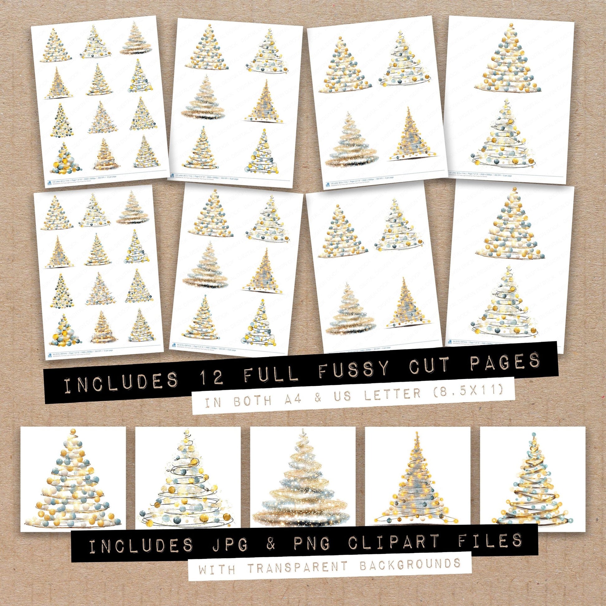 Full collection view of Fairy Light Christmas Tree fussy cut sheets with bonus clipart JPG and PNG files