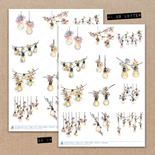 A4 and US Letter format comparison showing Fairy Lights Wildflowers fussy cut pages for print and cut crafting