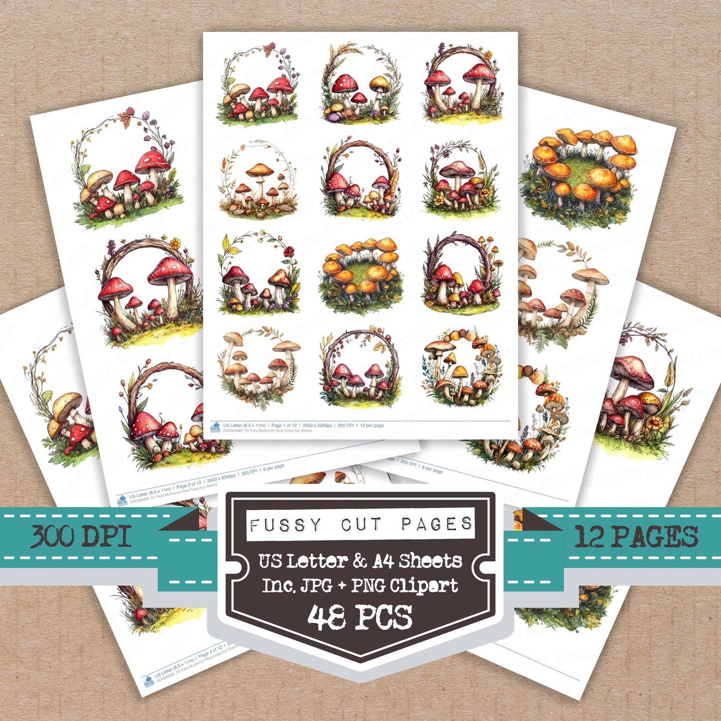 Fairy Mushroom Ring fussy cut printable sheets for junk journaling, scrapbooking, and paper craft projects