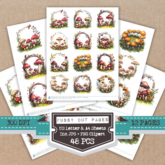 Fairy Mushroom Ring fussy cut printable sheets for junk journaling, scrapbooking, and paper craft projects