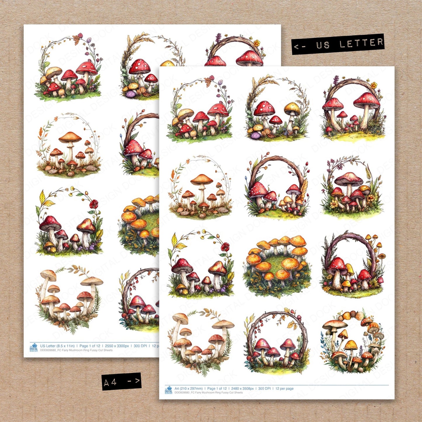 A4 and US Letter format comparison showing Fairy Mushroom Ring fussy cut pages for print and cut crafting