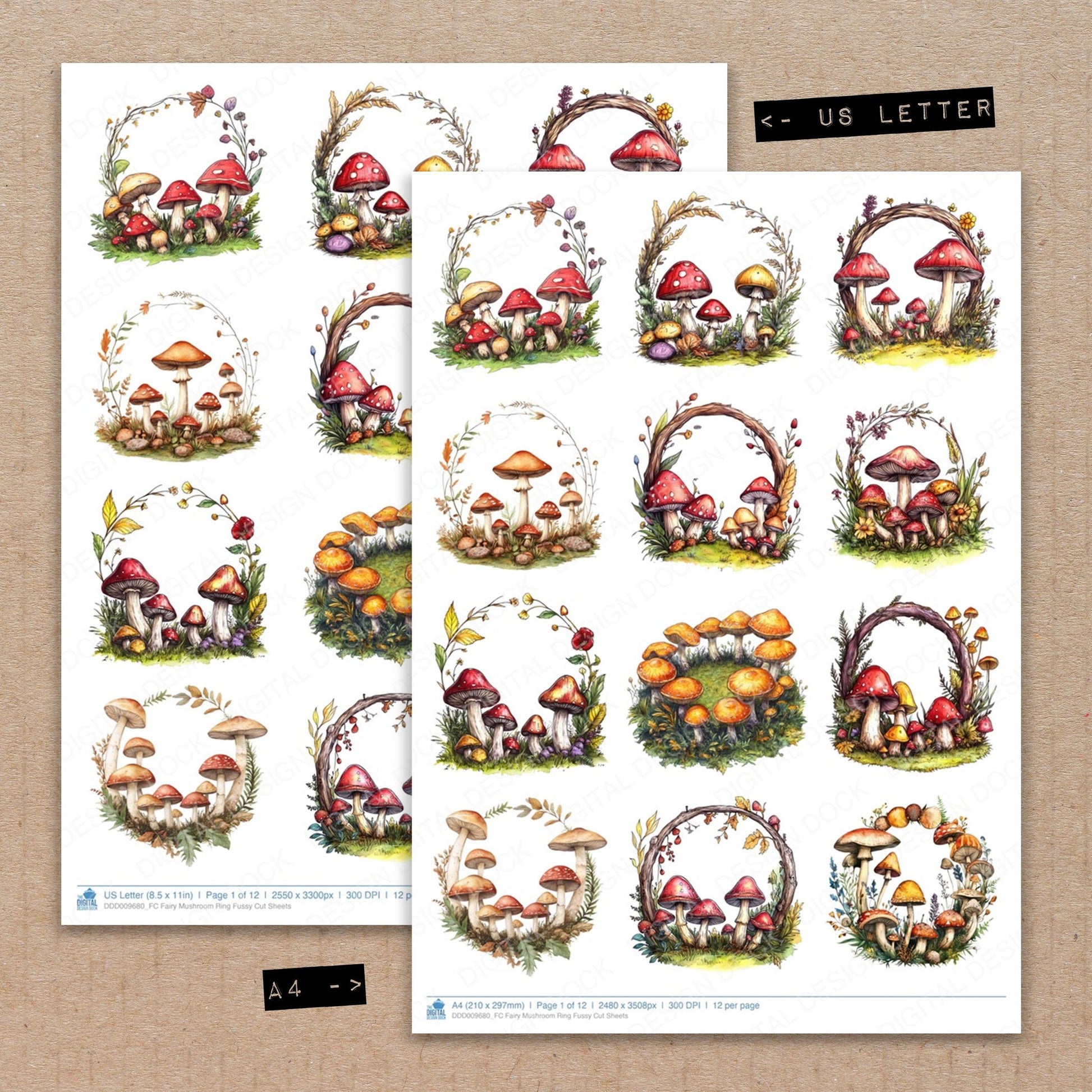 A4 and US Letter format comparison showing Fairy Mushroom Ring fussy cut pages for print and cut crafting
