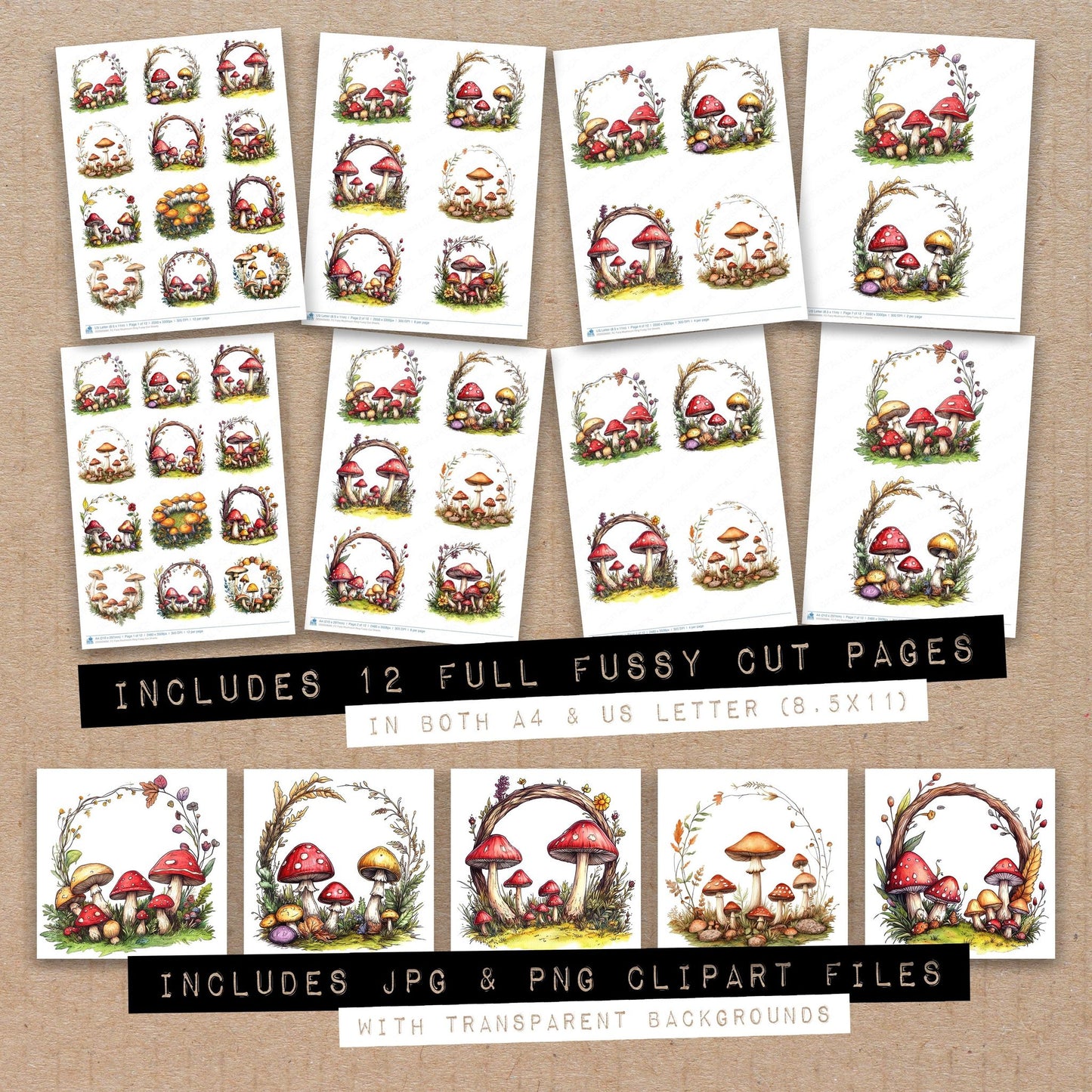 Full collection view of Fairy Mushroom Ring fussy cut sheets with bonus clipart JPG and PNG files