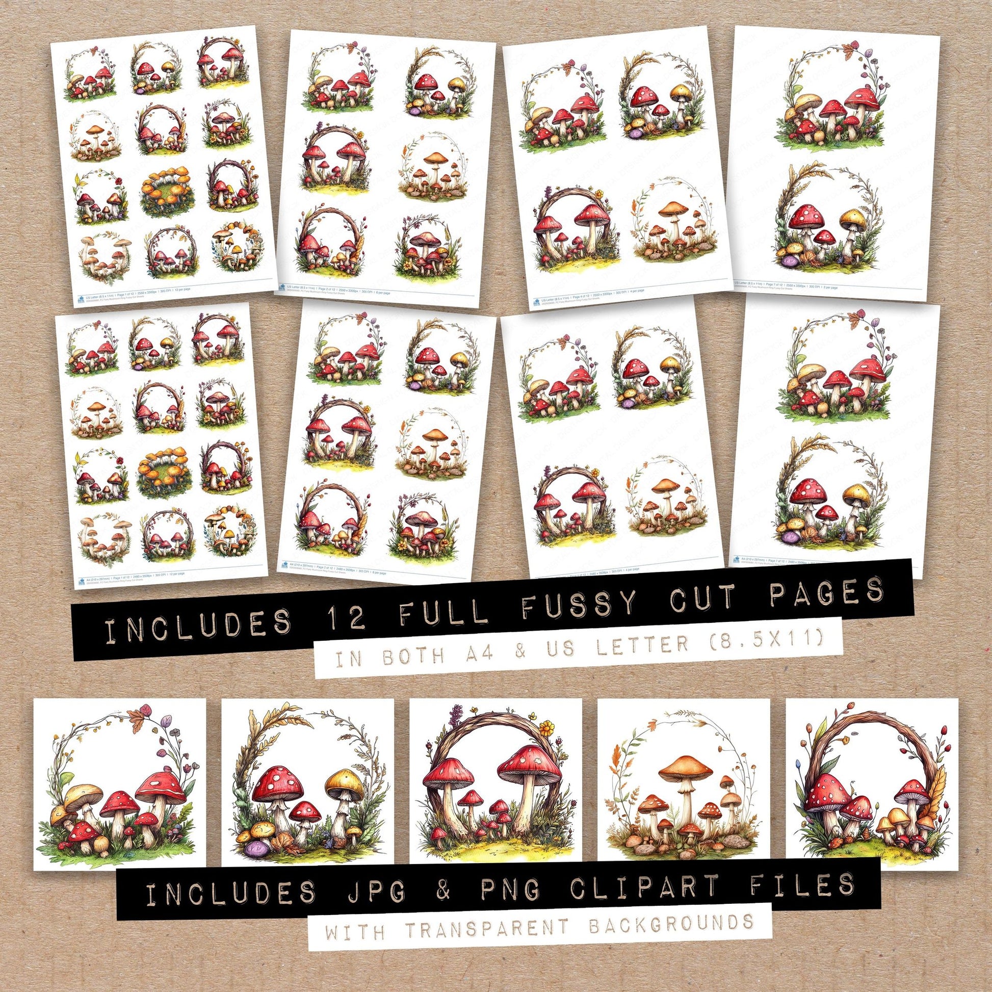 Full collection view of Fairy Mushroom Ring fussy cut sheets with bonus clipart JPG and PNG files