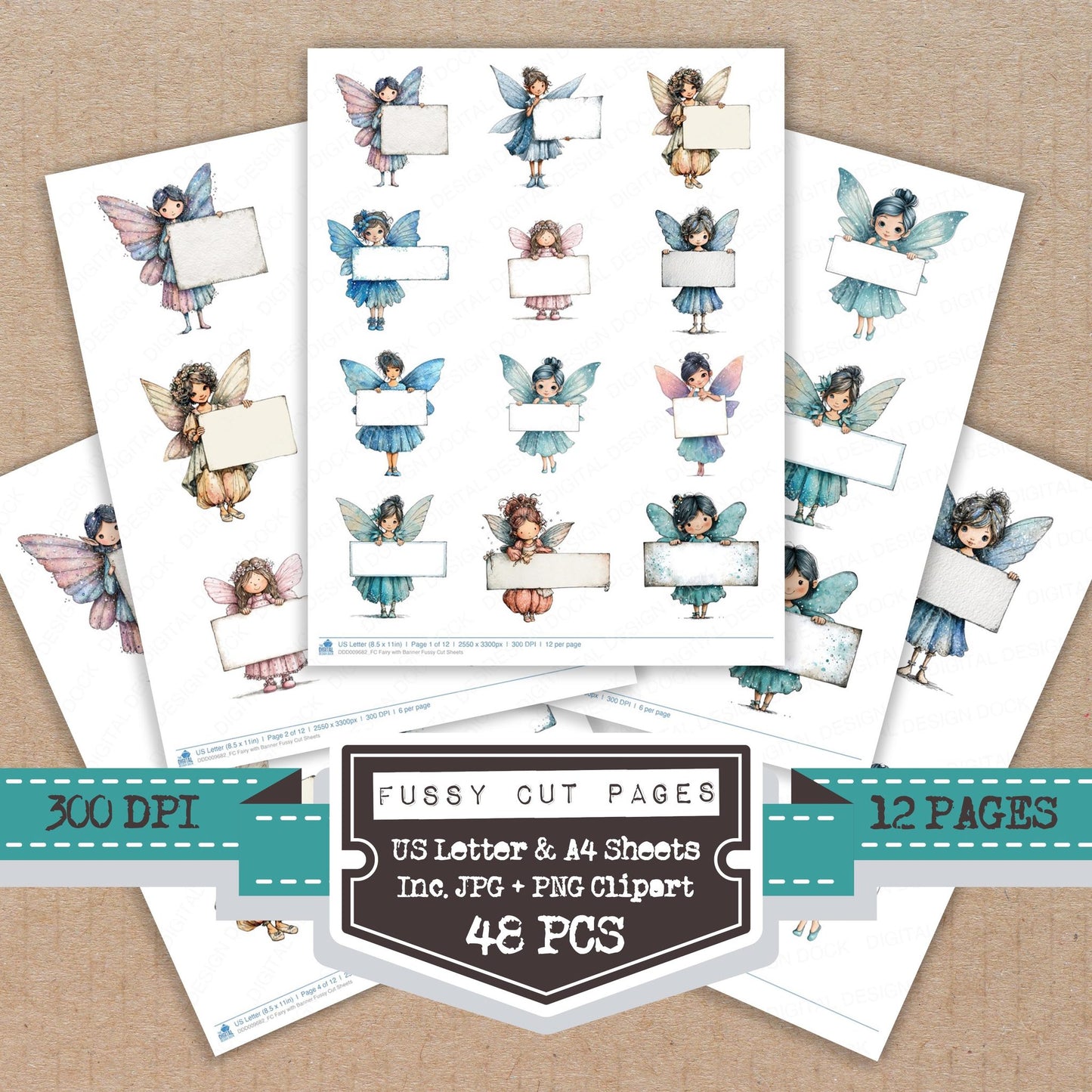 Fairy with Banner fussy cut printable sheets for junk journaling, scrapbooking, and paper craft projects