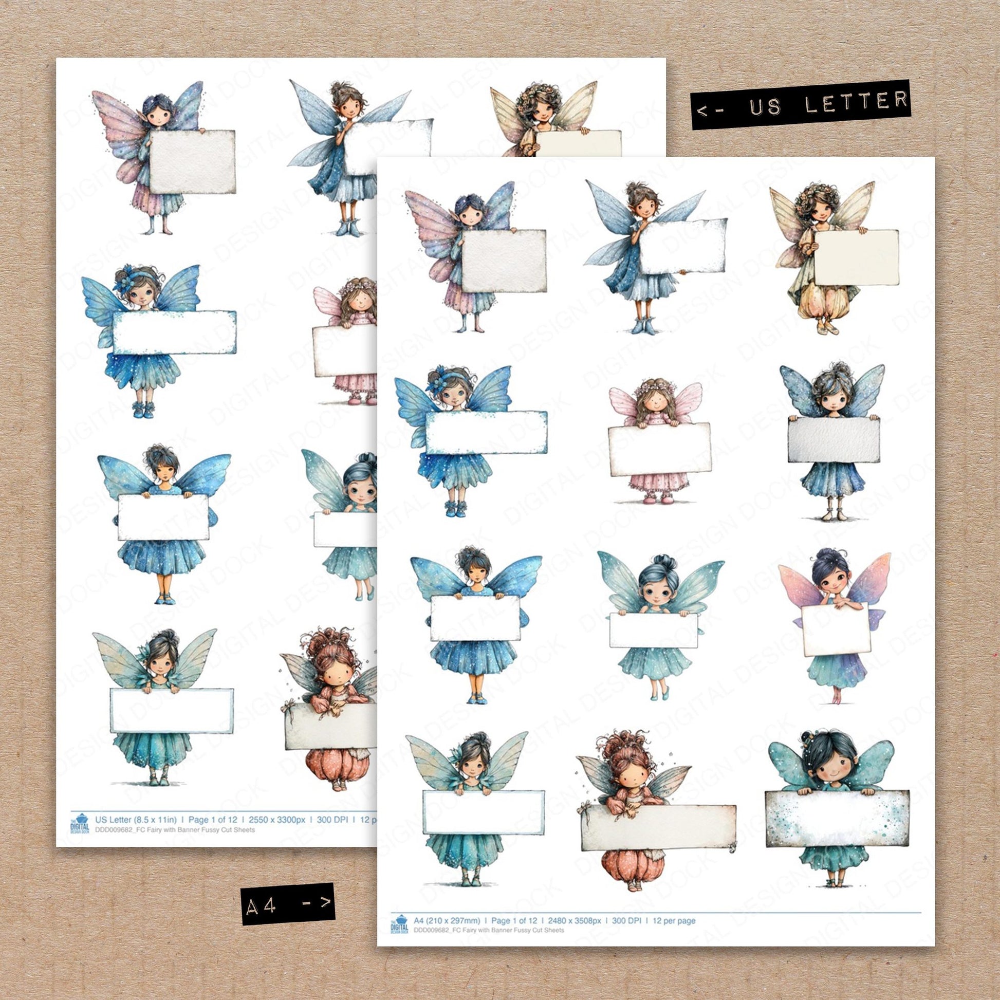 A4 and US Letter format comparison showing Fairy with Banner fussy cut pages for print and cut crafting