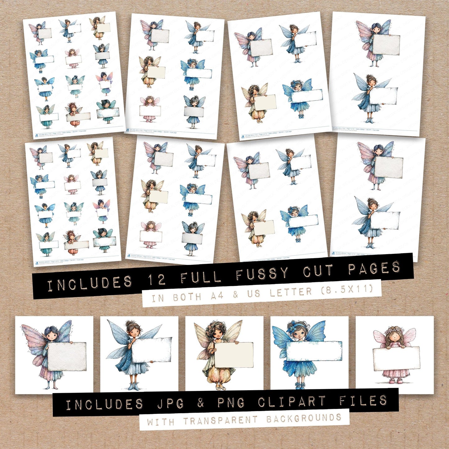 Full collection view of Fairy with Banner fussy cut sheets with bonus clipart JPG and PNG files