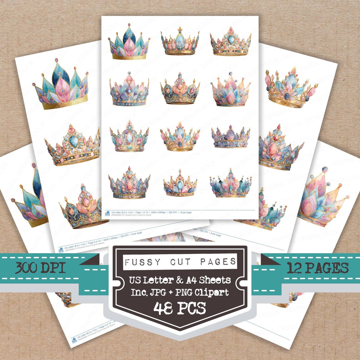 Fairytale Crown fussy cut printable sheets for junk journaling, scrapbooking, and paper craft projects