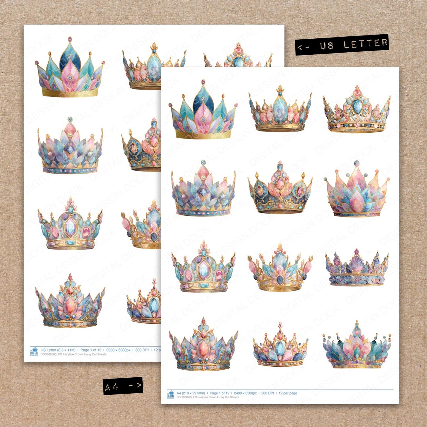 A4 and US Letter format comparison showing Fairytale Crown fussy cut pages for print and cut crafting