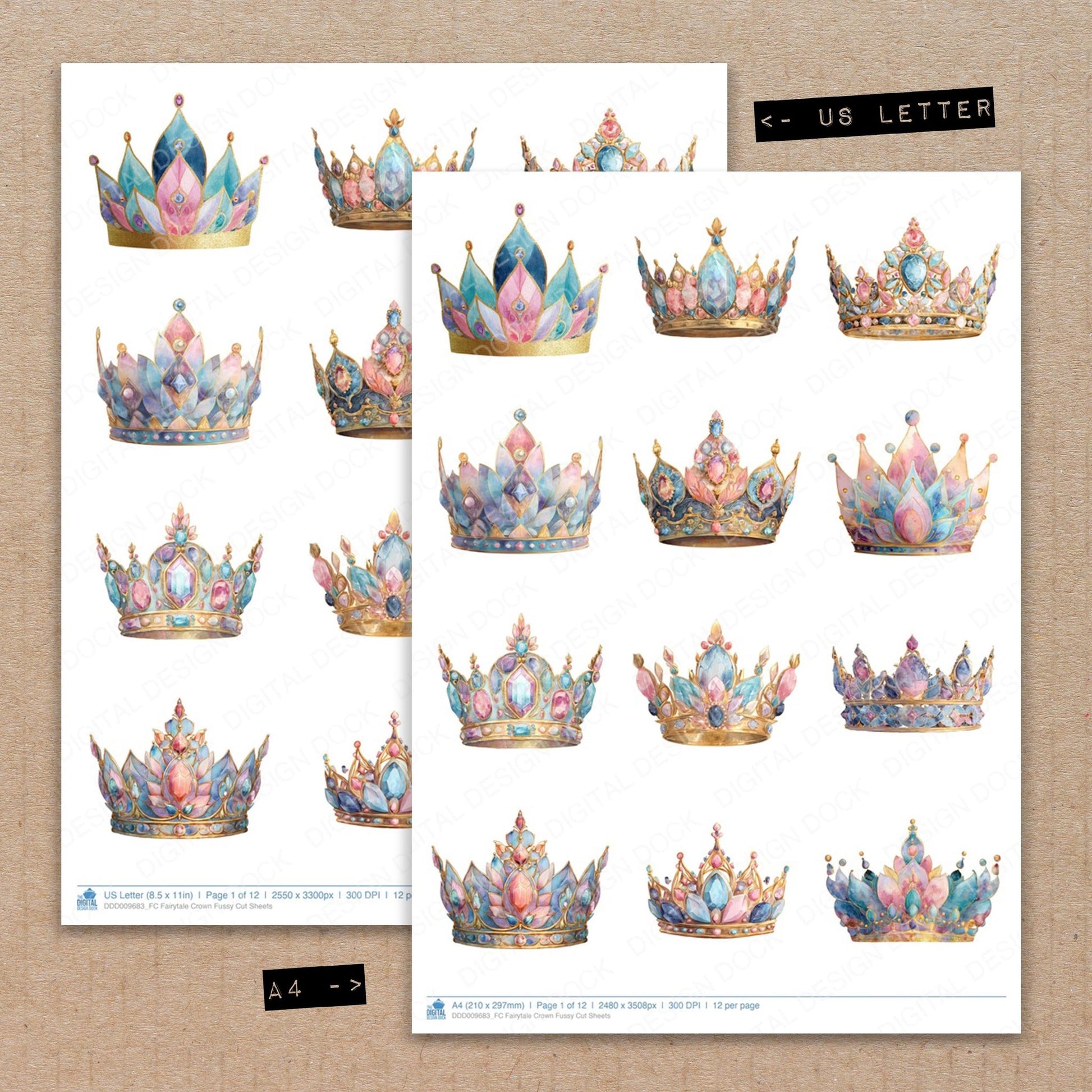 A4 and US Letter format comparison showing Fairytale Crown fussy cut pages for print and cut crafting