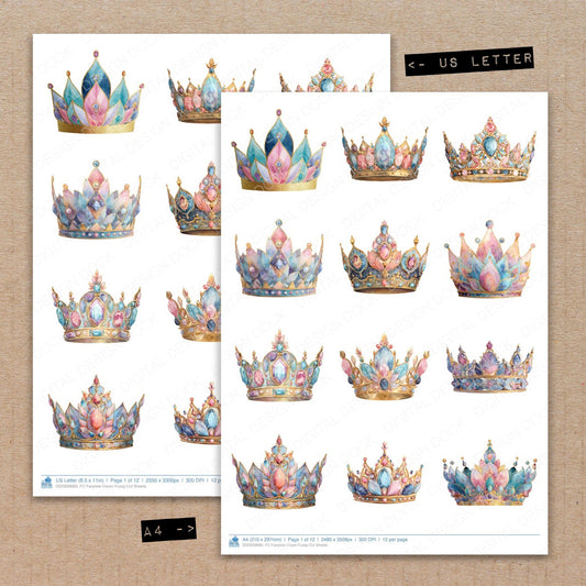 A4 and US Letter format comparison showing Fairytale Crown fussy cut pages for print and cut crafting
