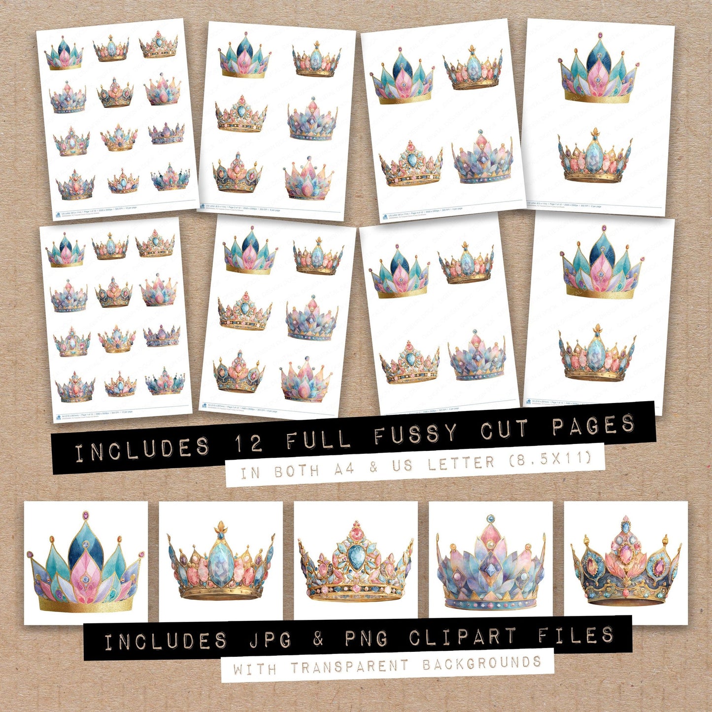 Full collection view of Fairytale Crown fussy cut sheets with bonus clipart JPG and PNG files