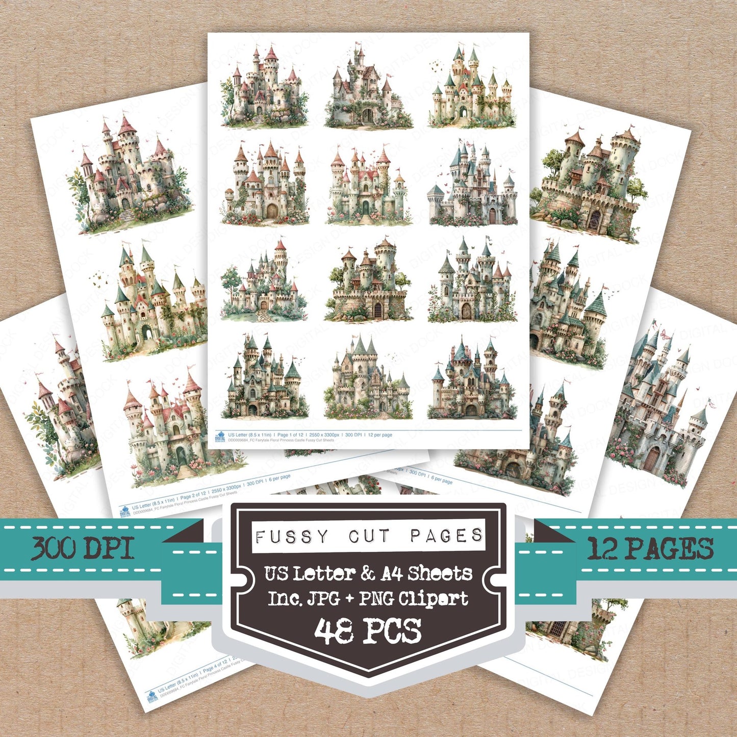 Fairytale Floral Princess Castle fussy cut printable sheets for junk journaling, scrapbooking, and paper craft projects
