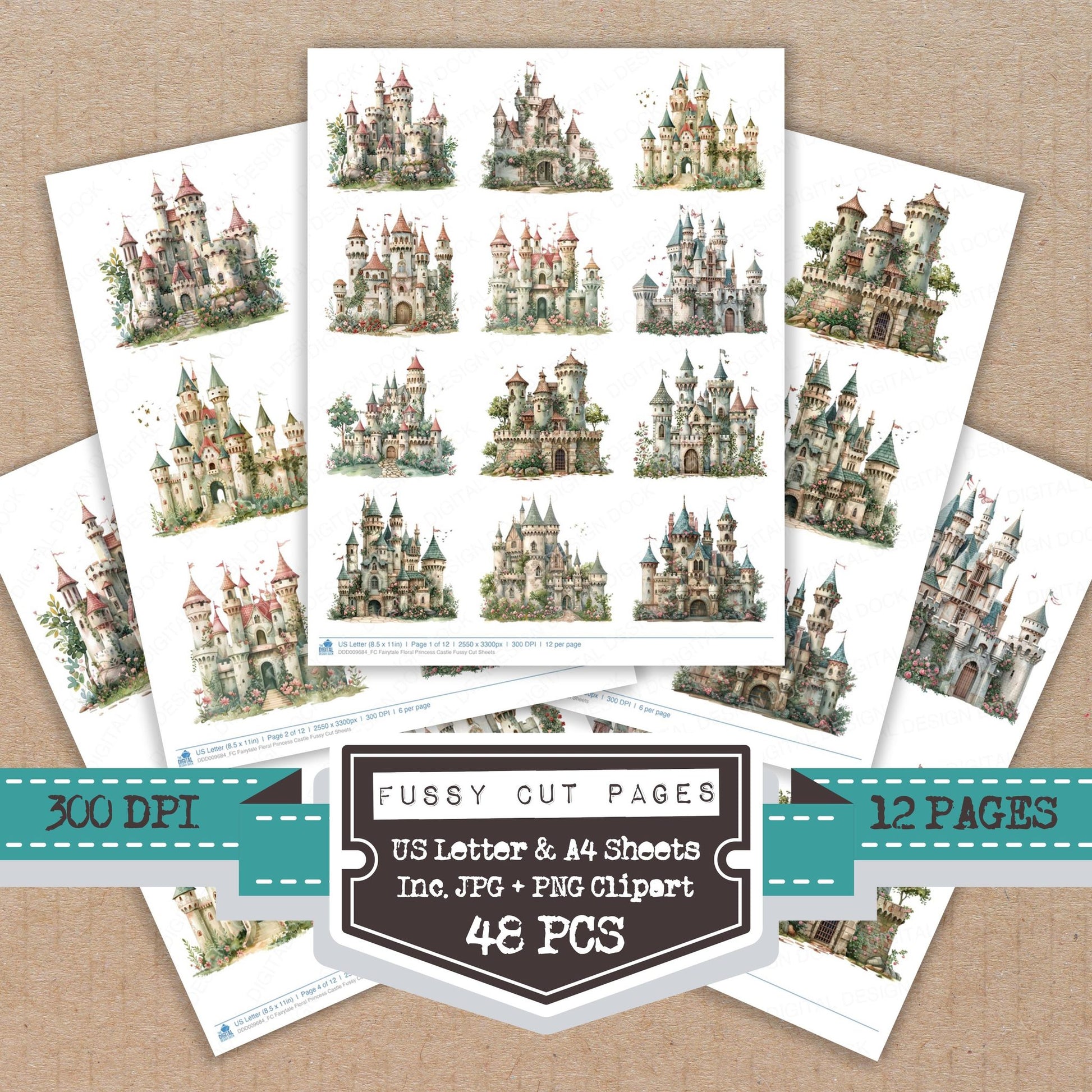 Fairytale Floral Princess Castle fussy cut printable sheets for junk journaling, scrapbooking, and paper craft projects