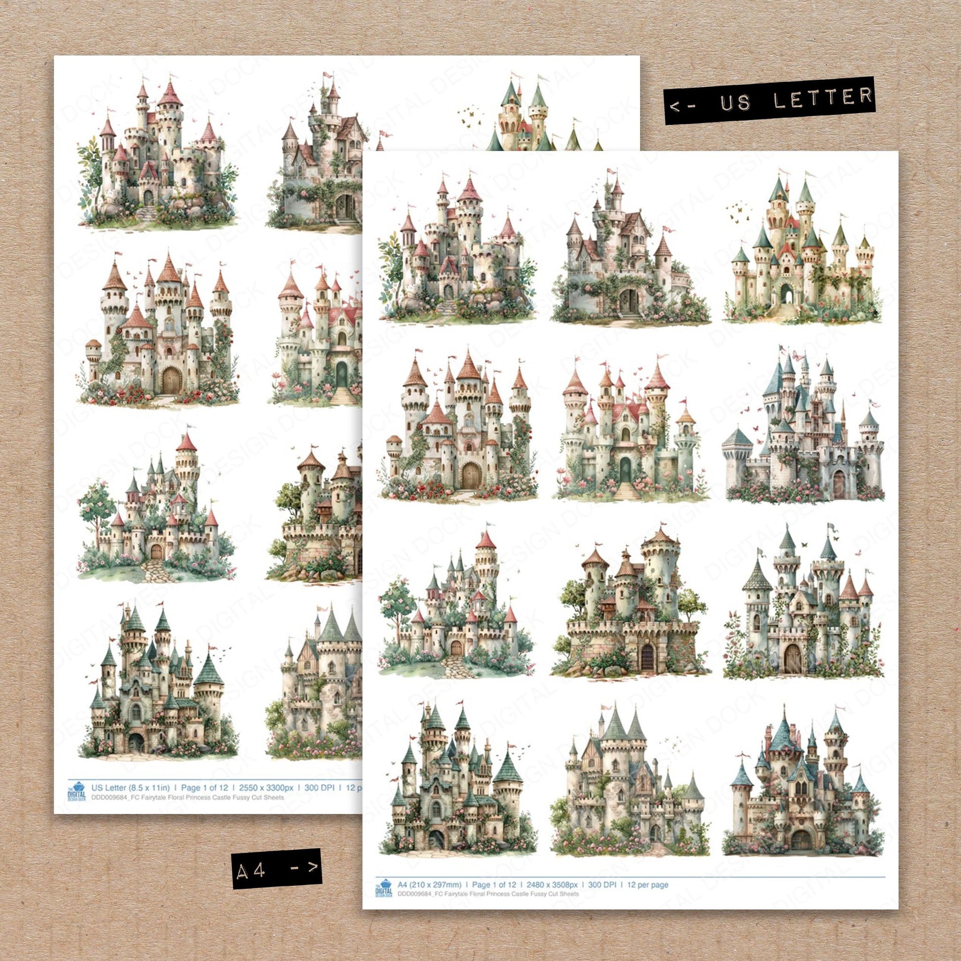 A4 and US Letter format comparison showing Fairytale Floral Princess Castle fussy cut pages for print and cut crafting