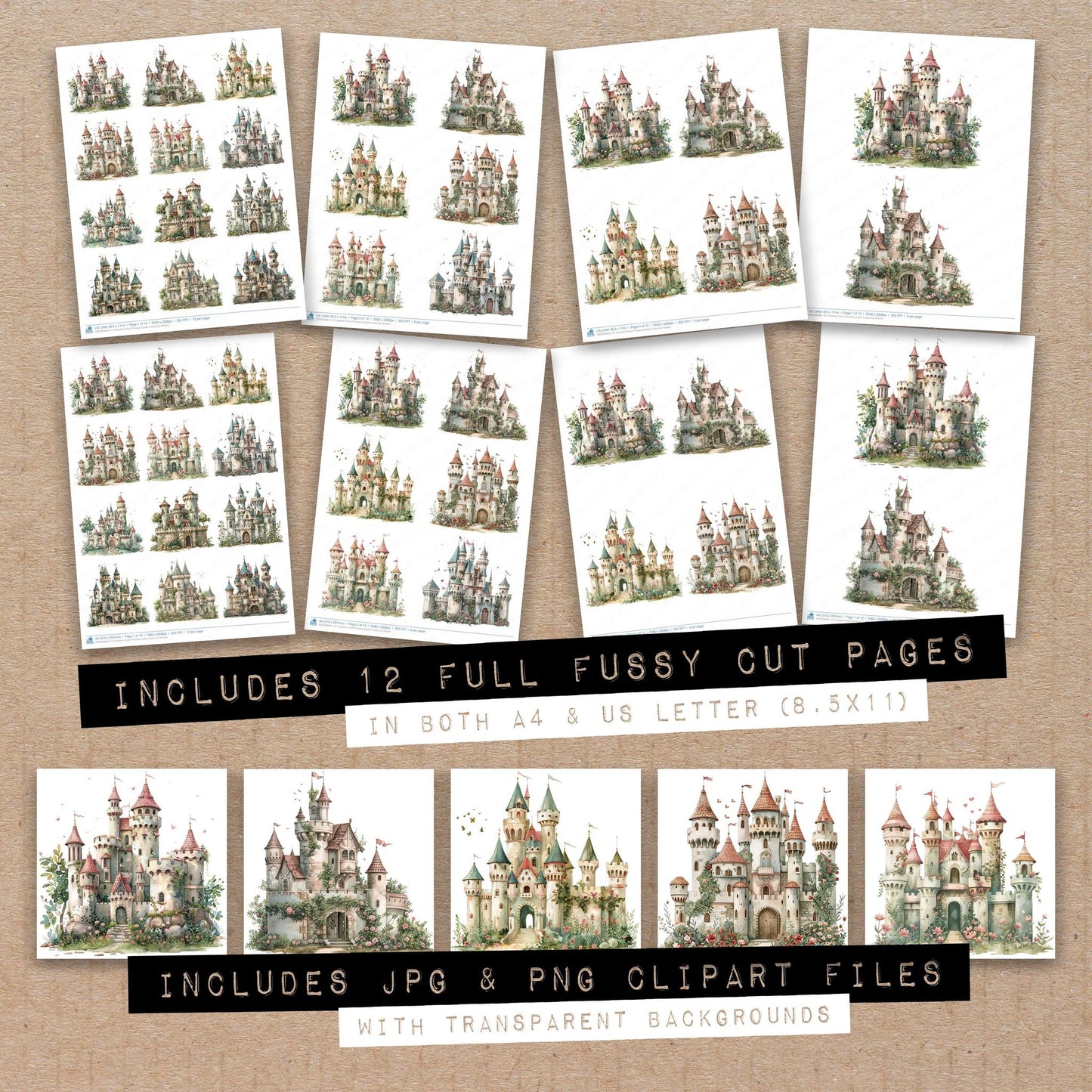 Full collection view of Fairytale Floral Princess Castle fussy cut sheets with bonus clipart JPG and PNG files