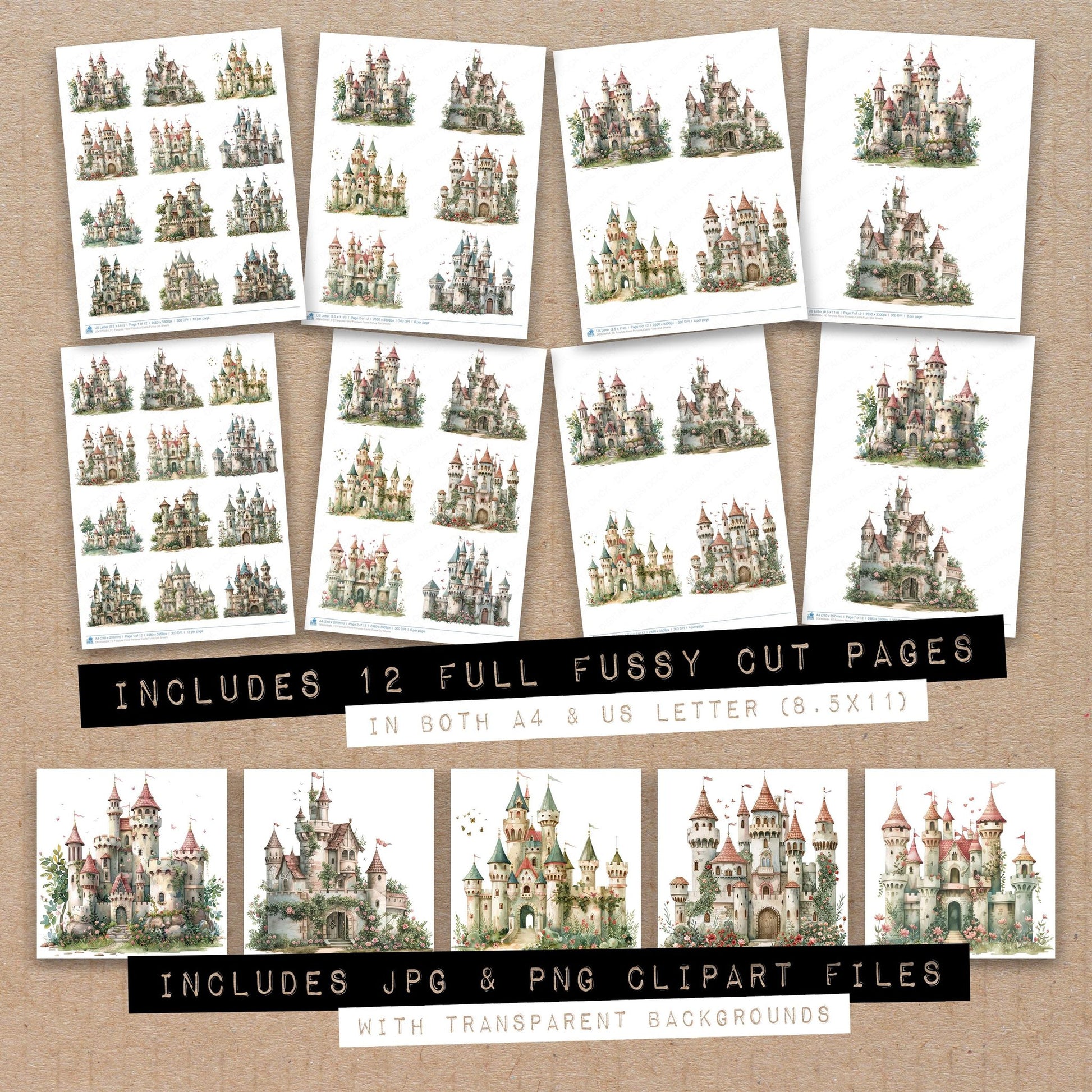 Full collection view of Fairytale Floral Princess Castle fussy cut sheets with bonus clipart JPG and PNG files