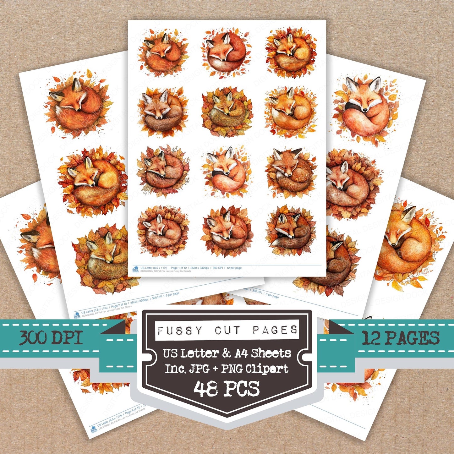 Fall Fox Leaves fussy cut printable sheets for junk journaling, scrapbooking, and paper craft projects