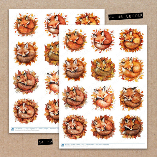 A4 and US Letter format comparison showing Fall Fox Leaves fussy cut pages for print and cut crafting
