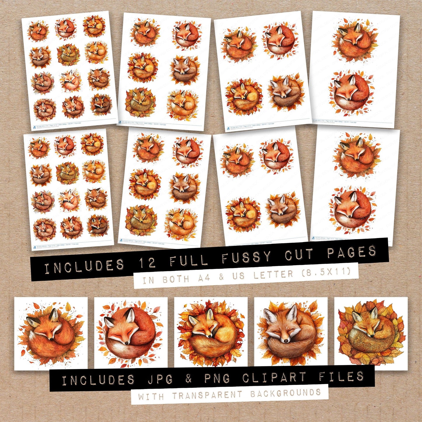 Full collection view of Fall Fox Leaves fussy cut sheets with bonus clipart JPG and PNG files