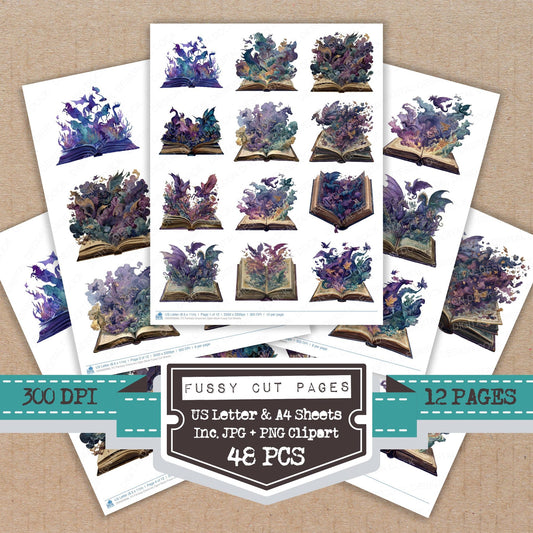 Fantasy Creatures Open Book fussy cut printable sheets for junk journaling, scrapbooking, and paper craft projects