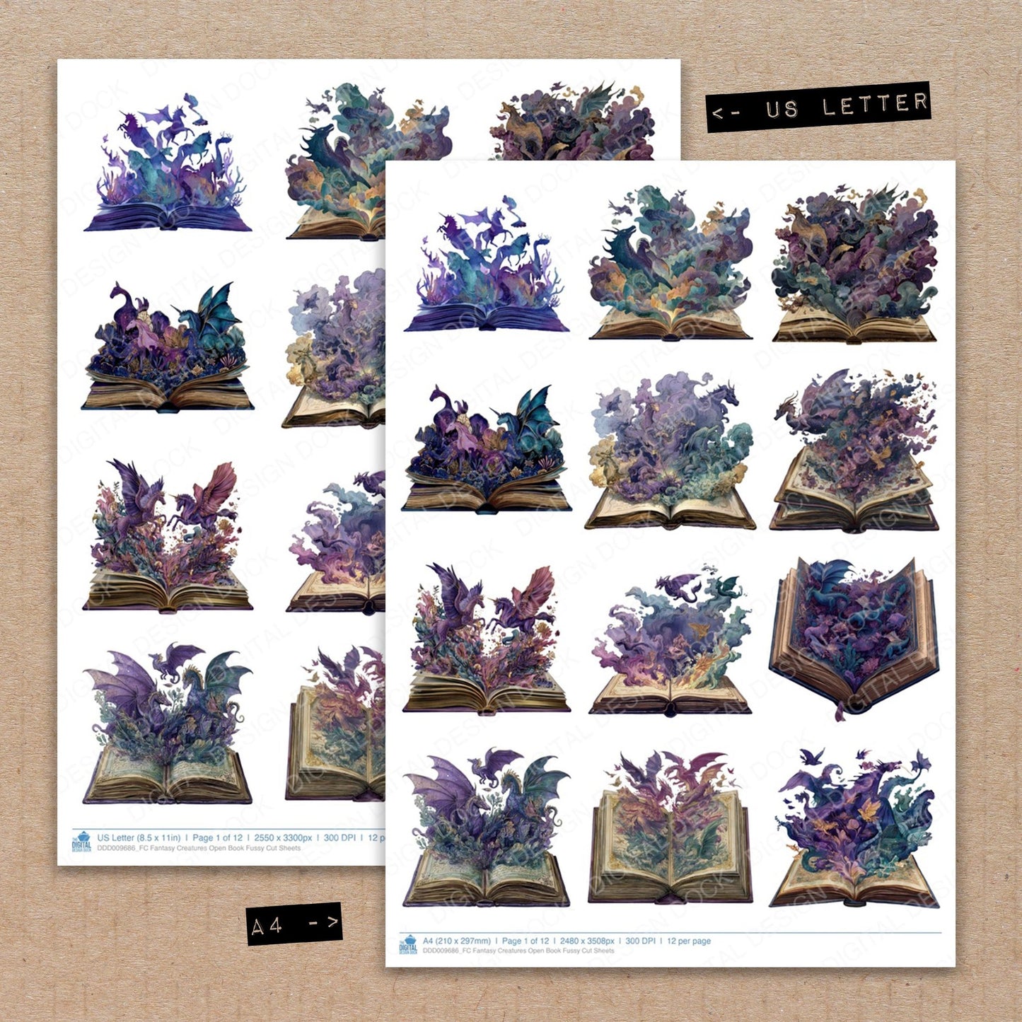 A4 and US Letter format comparison showing Fantasy Creatures Open Book fussy cut pages for print and cut crafting