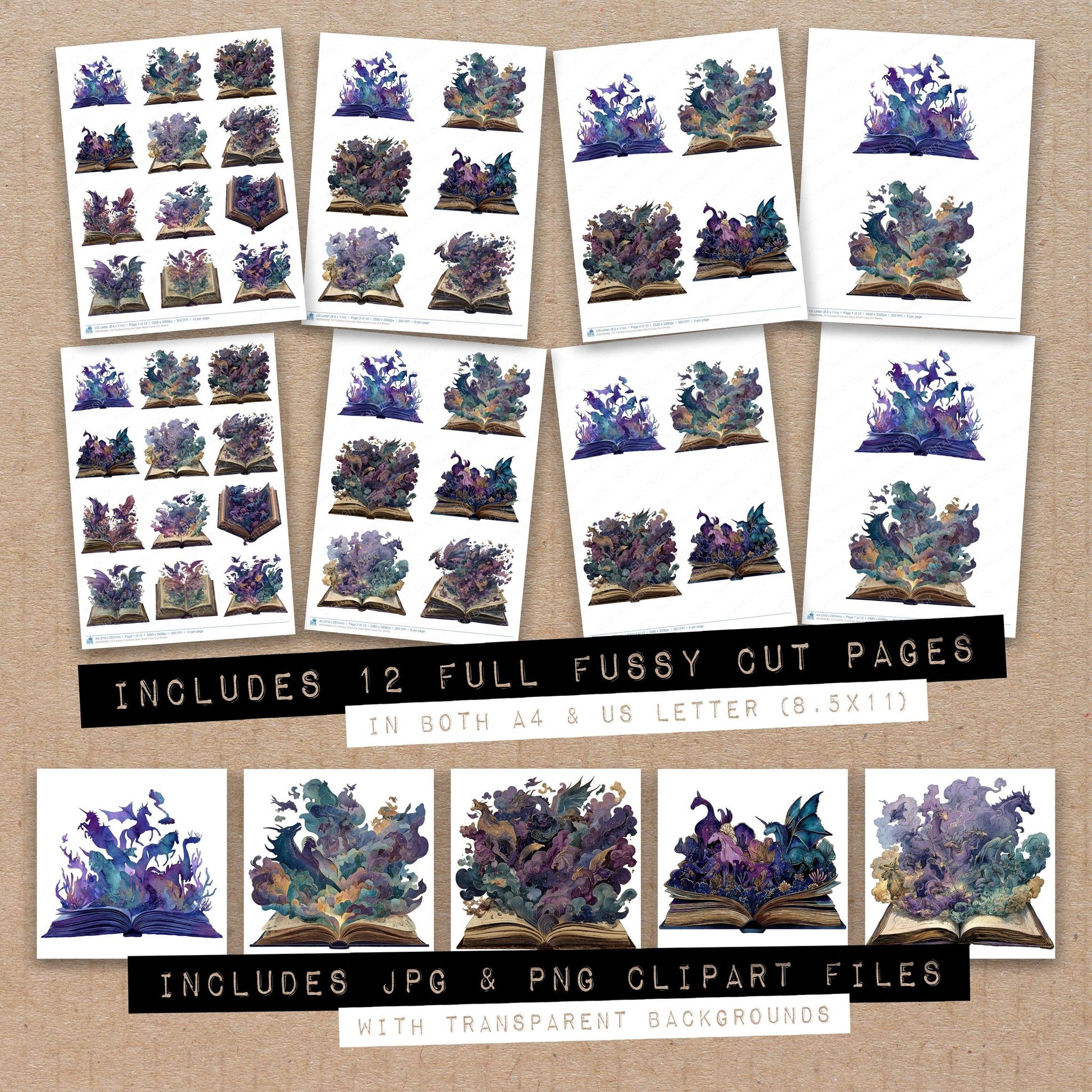 Full collection view of Fantasy Creatures Open Book fussy cut sheets with bonus clipart JPG and PNG files