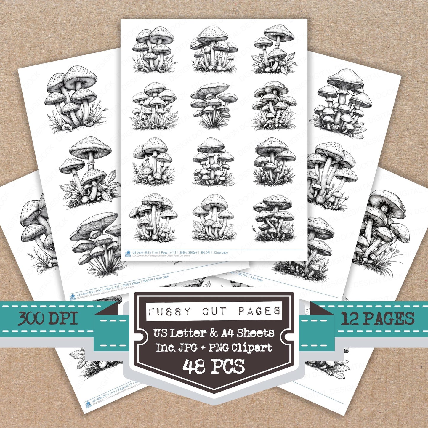 Fantasy Mushroom Cluster fussy cut printable sheets for junk journaling, scrapbooking, and paper craft projects
