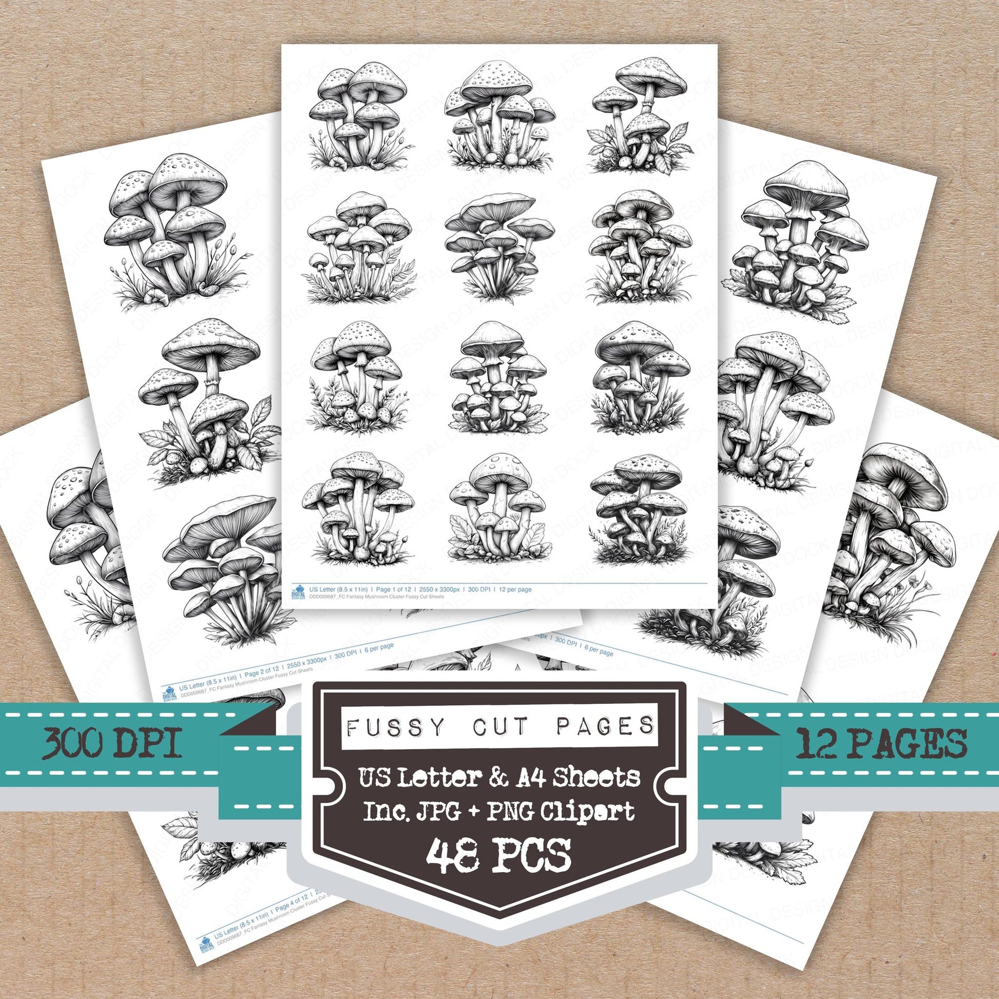 Fantasy Mushroom Cluster fussy cut printable sheets for junk journaling, scrapbooking, and paper craft projects