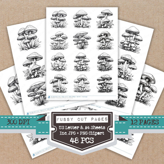 Fantasy Mushroom Cluster fussy cut printable sheets for junk journaling, scrapbooking, and paper craft projects