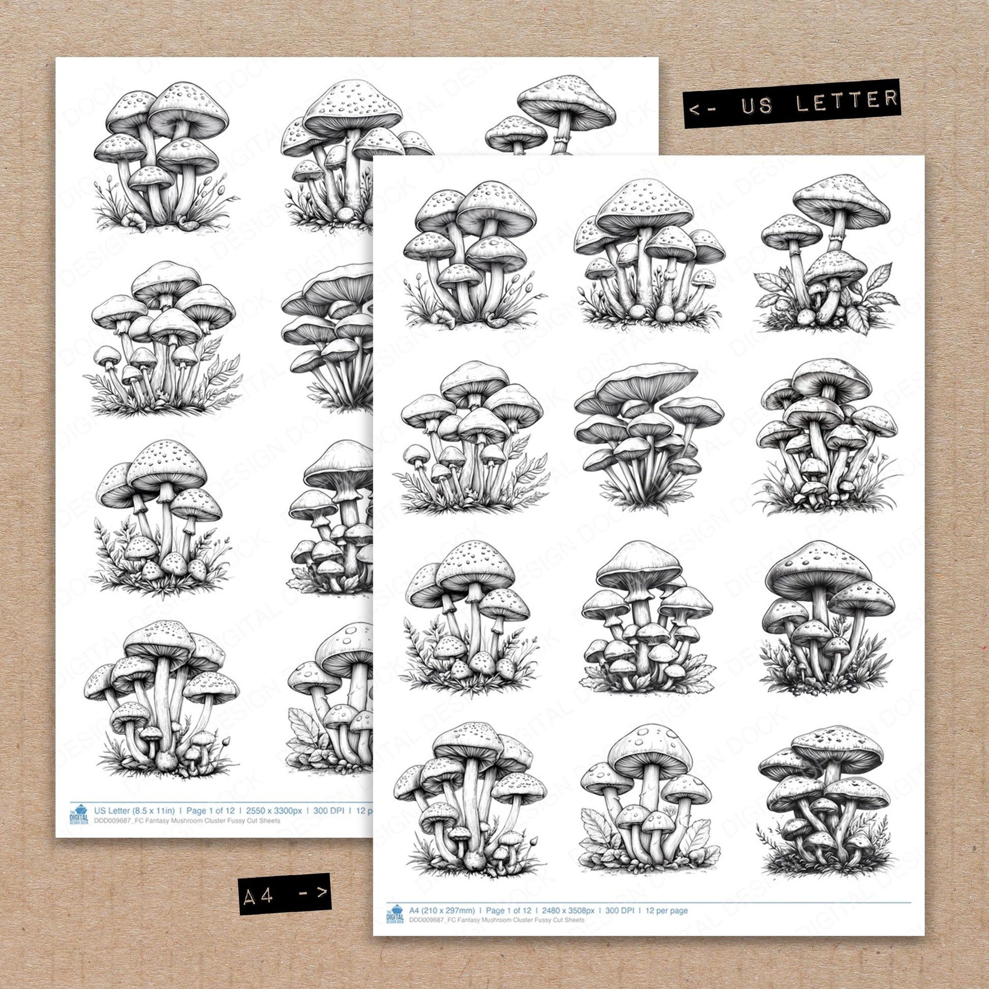 A4 and US Letter format comparison showing Fantasy Mushroom Cluster fussy cut pages for print and cut crafting
