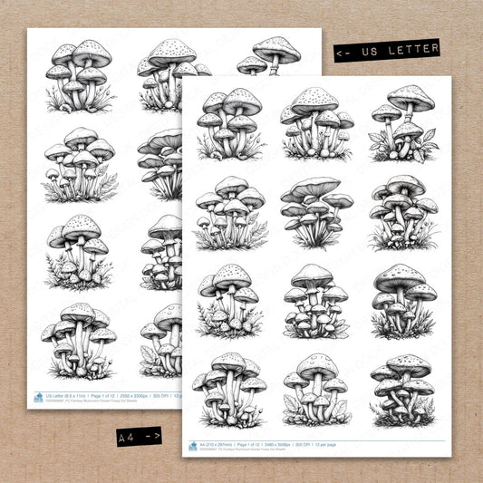 A4 and US Letter format comparison showing Fantasy Mushroom Cluster fussy cut pages for print and cut crafting