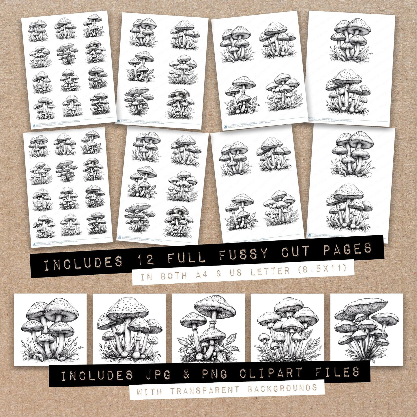 Full collection view of Fantasy Mushroom Cluster fussy cut sheets with bonus clipart JPG and PNG files