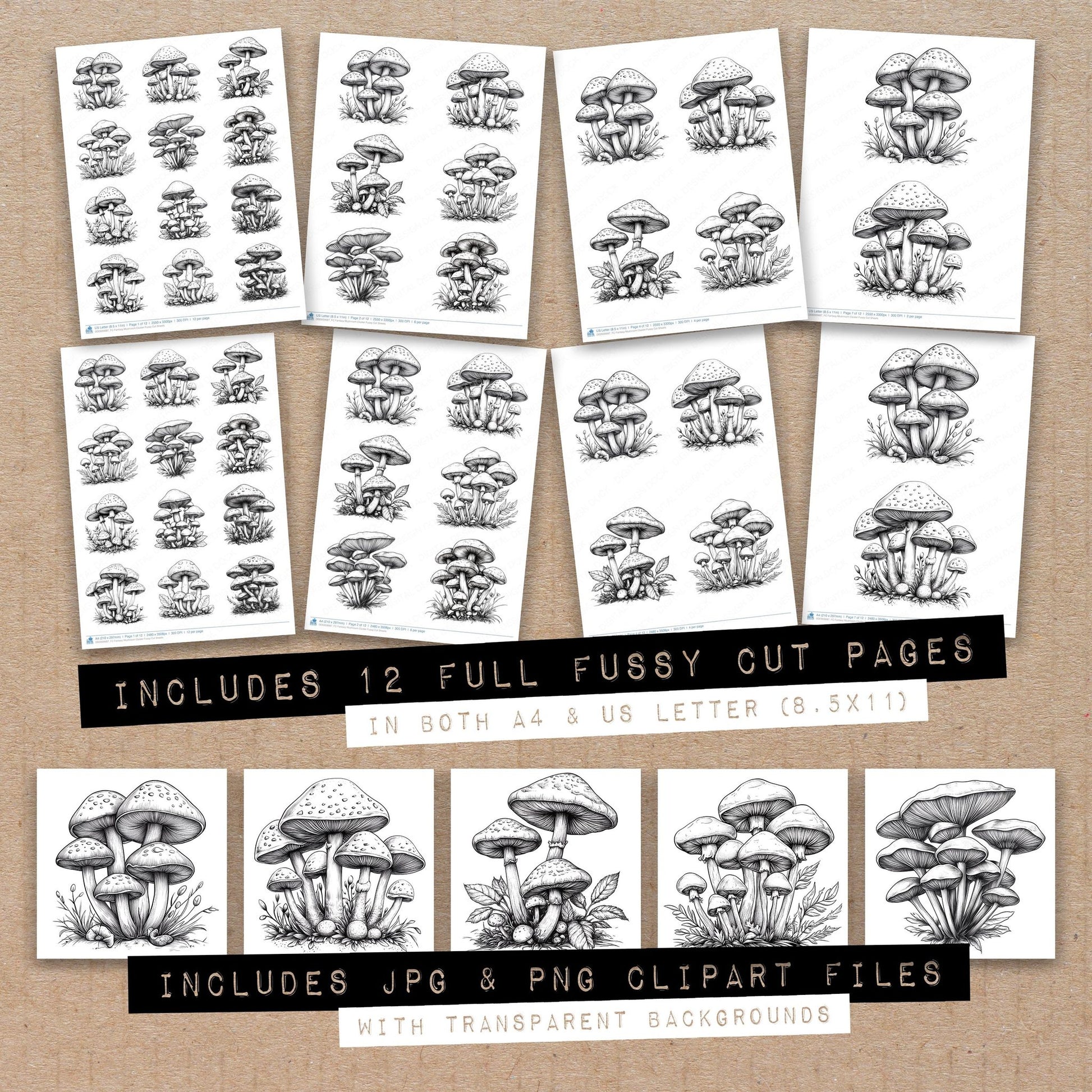 Full collection view of Fantasy Mushroom Cluster fussy cut sheets with bonus clipart JPG and PNG files