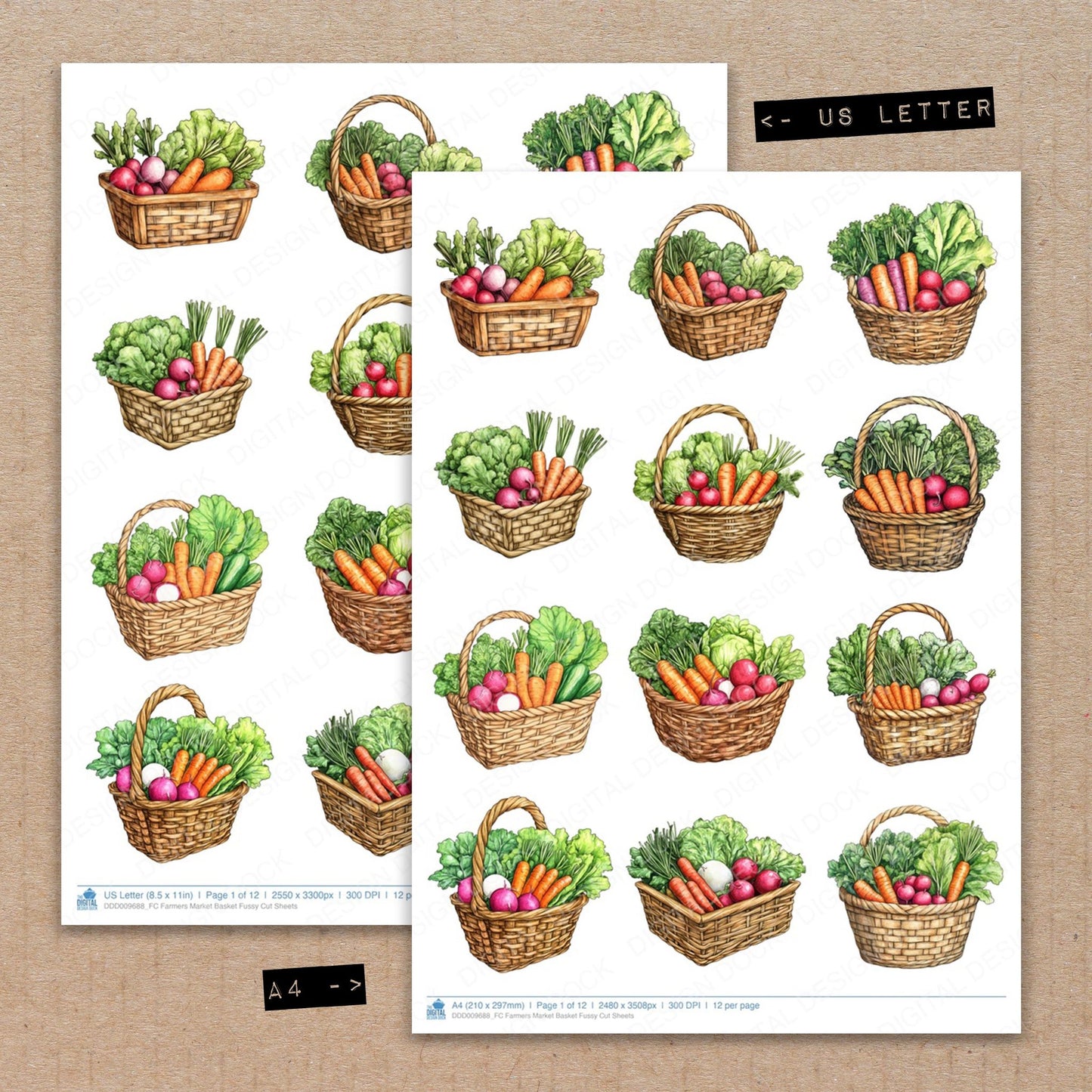 A4 and US Letter format comparison showing Farmers Market Basket fussy cut pages for print and cut crafting