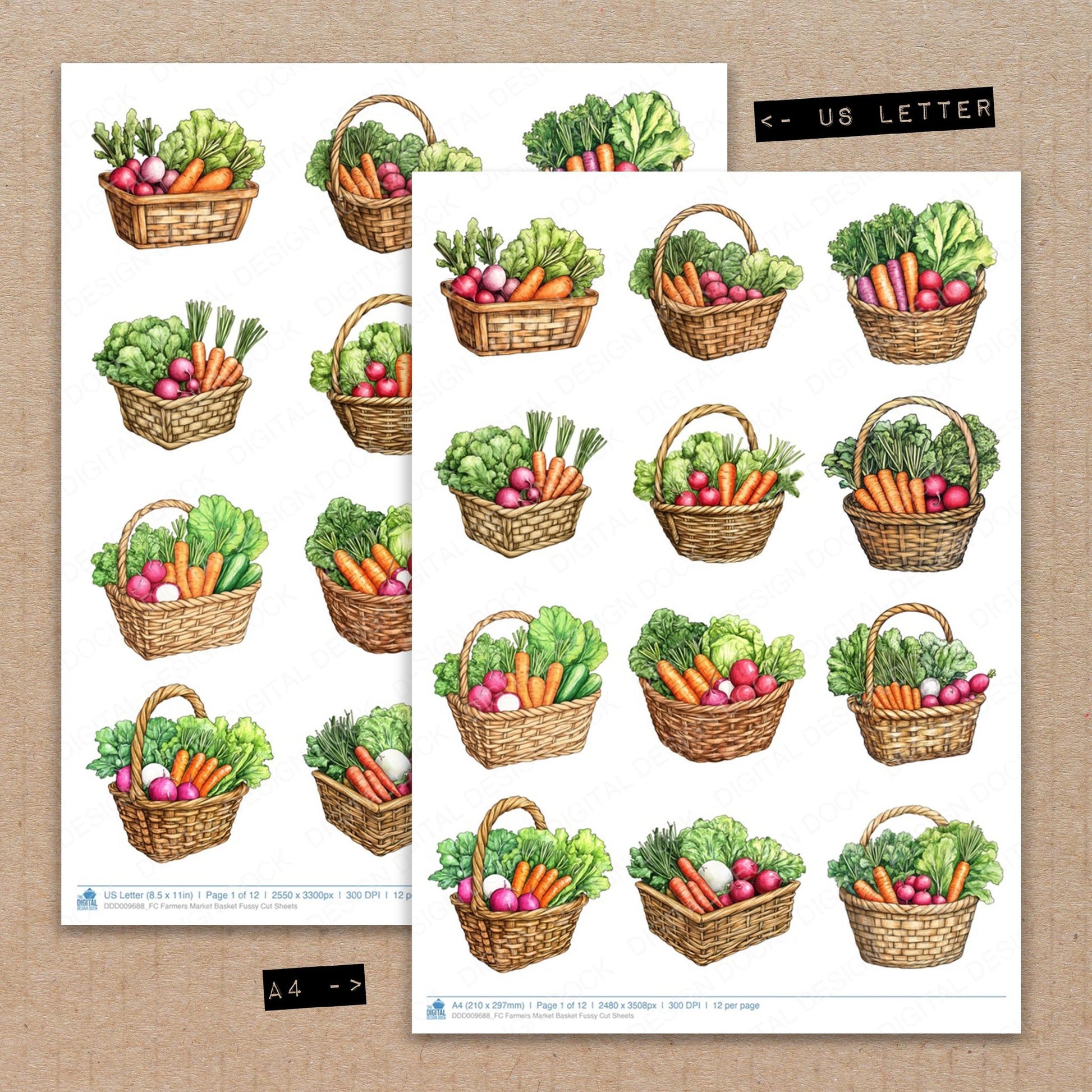 A4 and US Letter format comparison showing Farmers Market Basket fussy cut pages for print and cut crafting