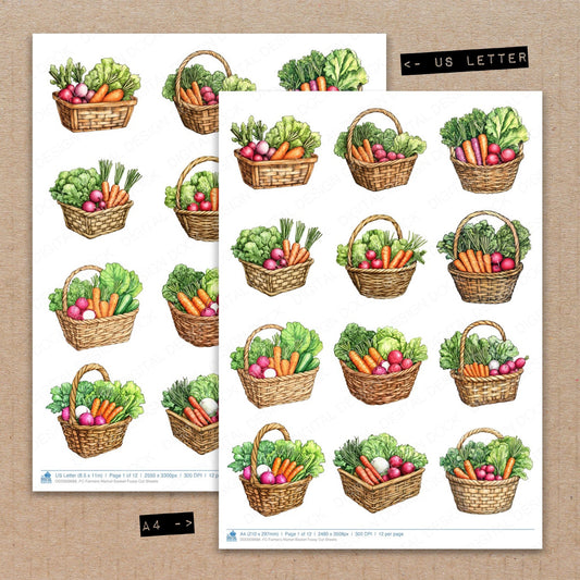 A4 and US Letter format comparison showing Farmers Market Basket fussy cut pages for print and cut crafting