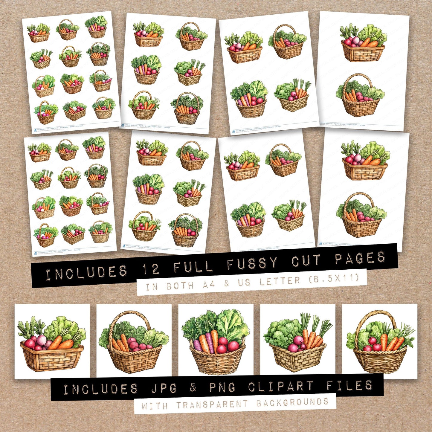 Full collection view of Farmers Market Basket fussy cut sheets with bonus clipart JPG and PNG files
