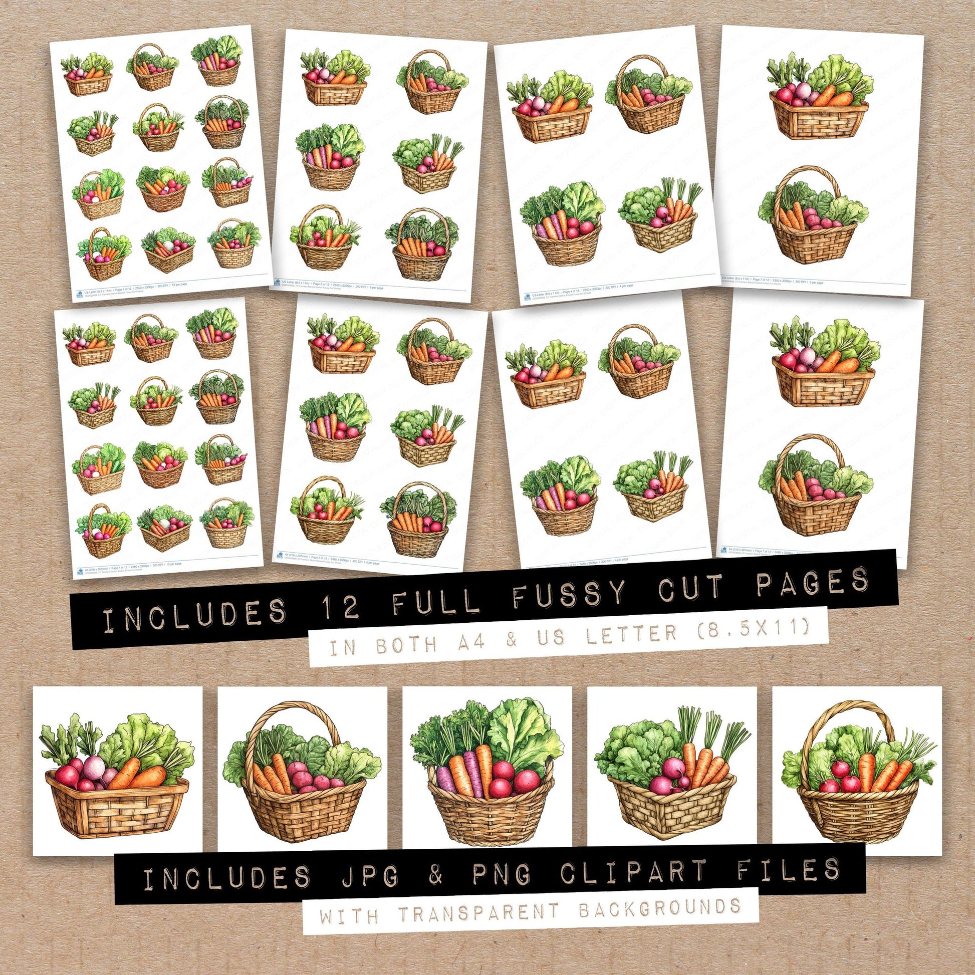 Full collection view of Farmers Market Basket fussy cut sheets with bonus clipart JPG and PNG files