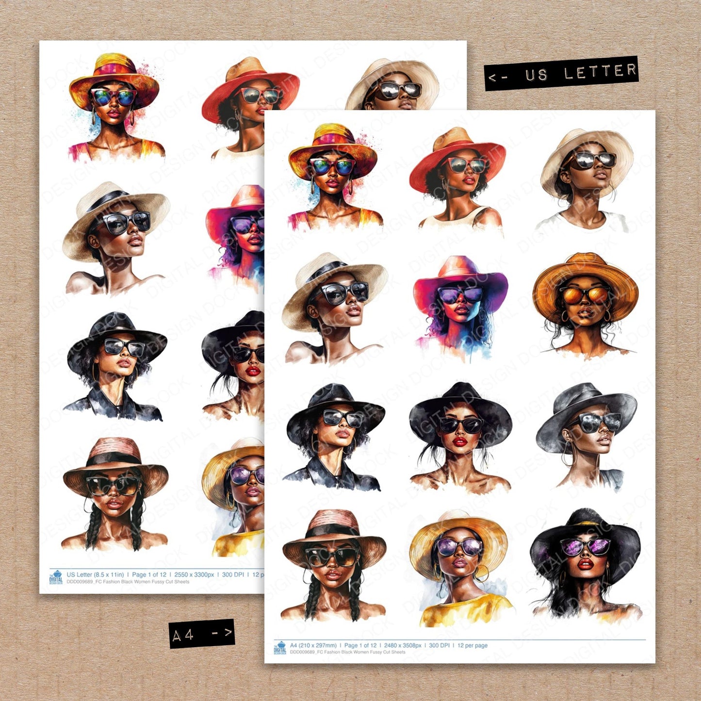 A4 and US Letter format comparison showing Fashion Black Women fussy cut pages for print and cut crafting