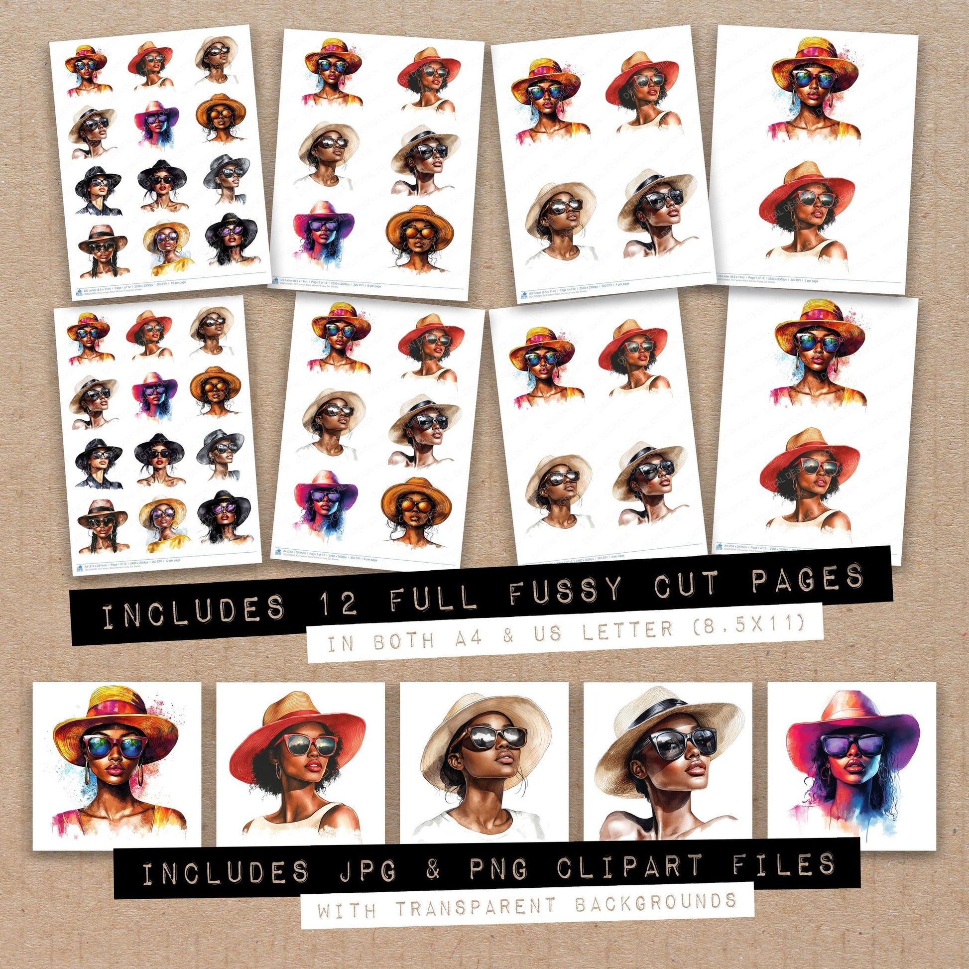 Full collection view of Fashion Black Women fussy cut sheets with bonus clipart JPG and PNG files
