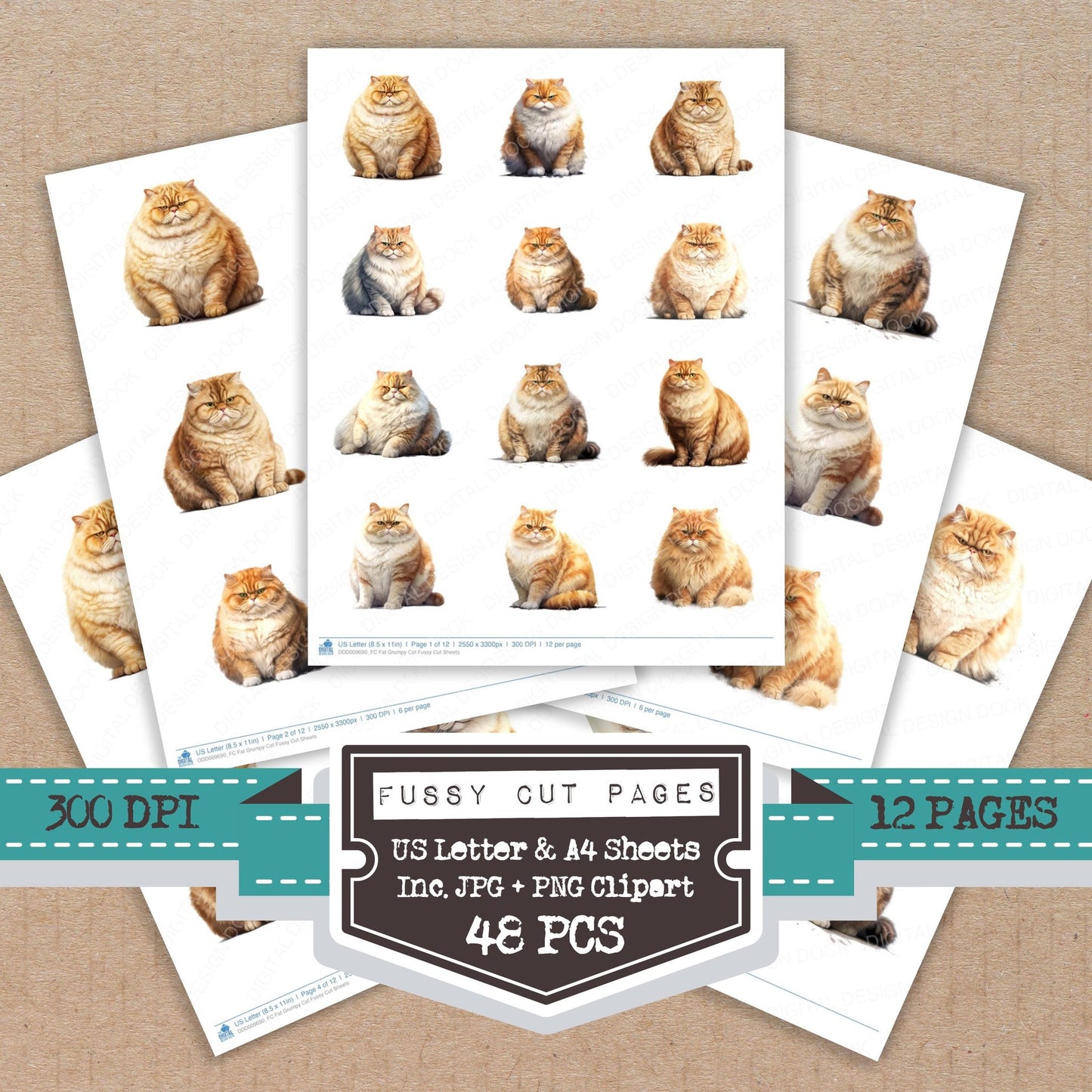 Fat Grumpy Cat fussy cut printable sheets for junk journaling, scrapbooking, and paper craft projects