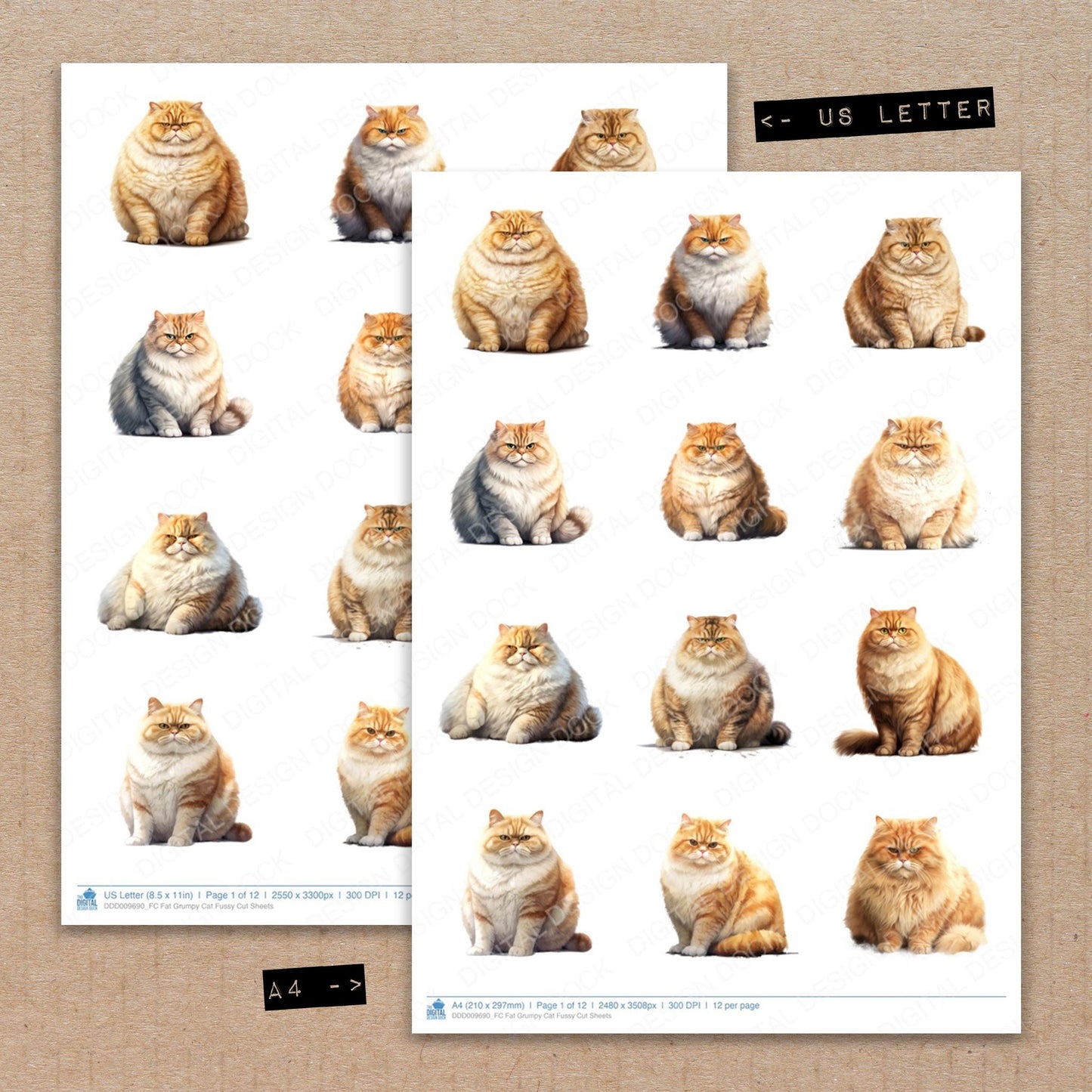 A4 and US Letter format comparison showing Fat Grumpy Cat fussy cut pages for print and cut crafting